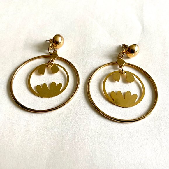 Vintage Batman Gold-tone Drop Hoop Earrings - Picture 2 of 7